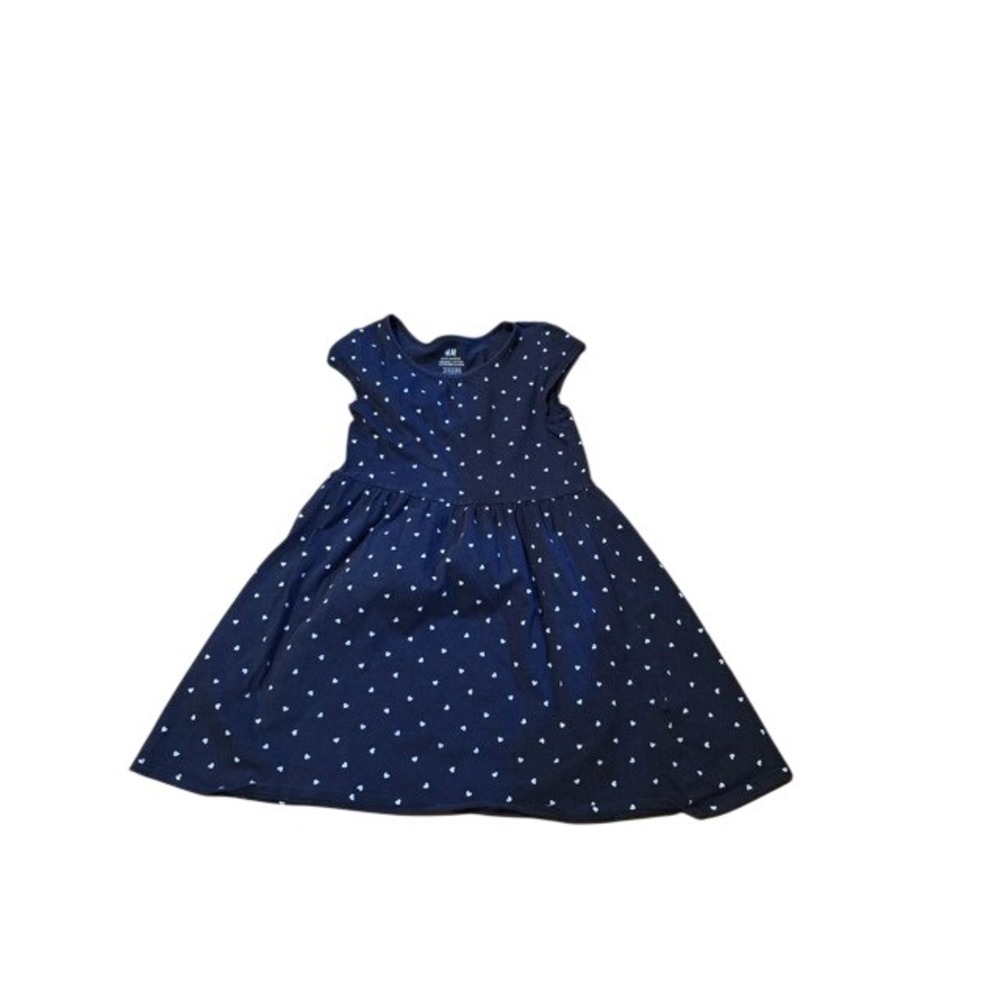 HM Girls Navy Blue Heart Print Organic Cotton Short Sleeve Dress Size 6-8Y